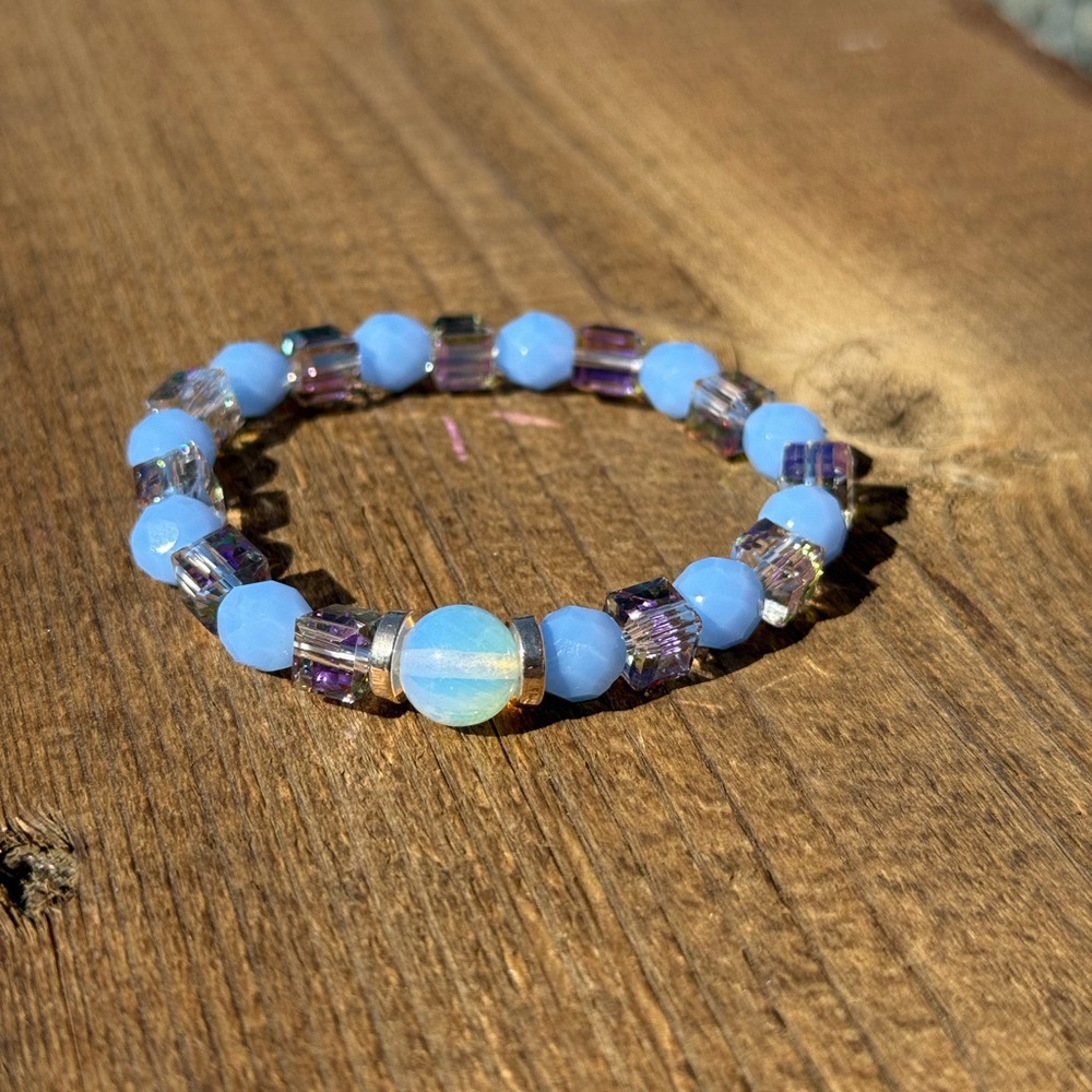 Elegant Blue and Purple sea glass Beaded Bracelet with clear aura bead